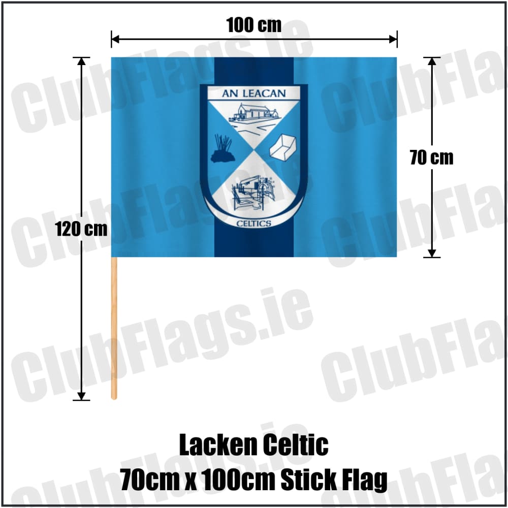 Lacken Celtic 70cm x 100cm Stick Flag in sky blue and navy, featuring the club crest on realistic fabric with gentle vertical folds; County Cavan GAA. ClubFlags.ie.