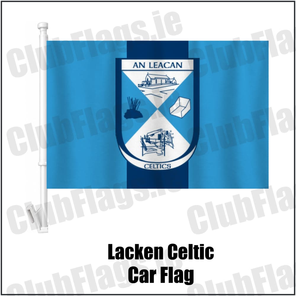 Lacken Celtic Car Flag in sky blue and navy, featuring the club crest on realistic fabric with gentle vertical folds; County Cavan GAA. ClubFlags.ie.