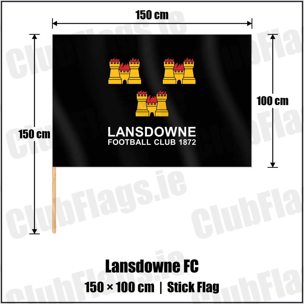 Lansdowne FC 100cm x 150cm Stick Flag with the club crest and colours, Dublin Rugby - ClubFlags.ie