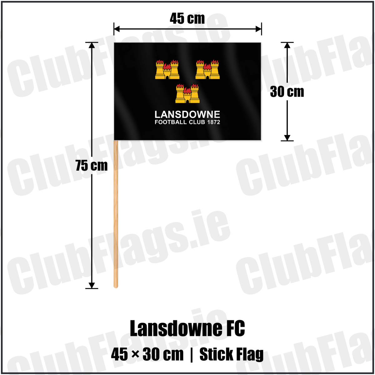 Lansdowne FC 30cm x 45cm Stick Flag with the club crest and colours, Dublin Rugby - ClubFlags.ie