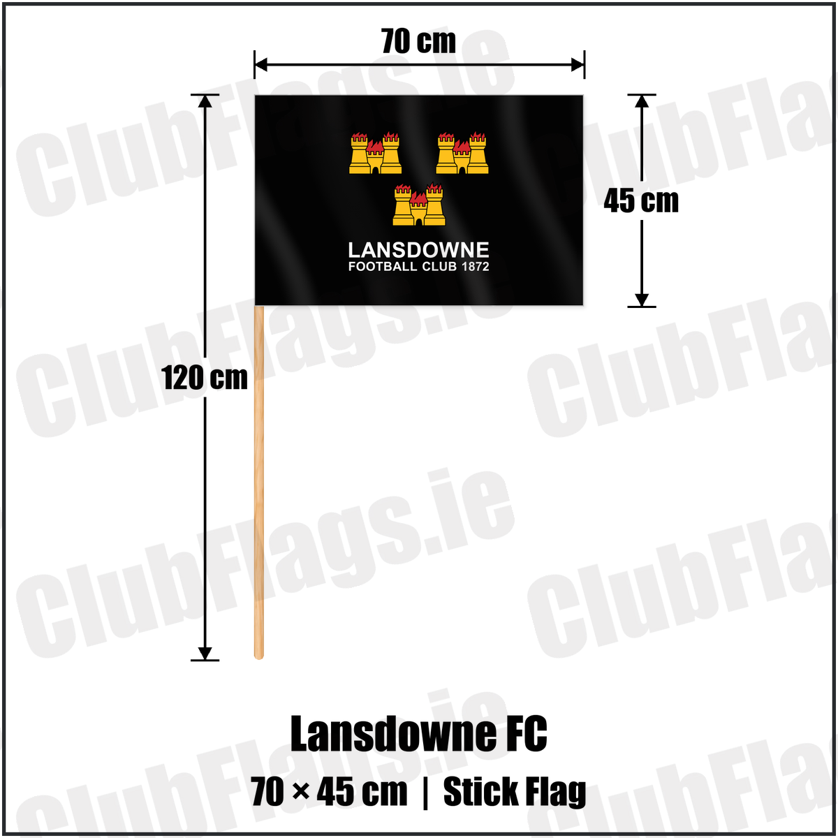 Lansdowne FC 45cm x 70cm Stick Flag with the club crest and colours, Dublin Rugby - ClubFlags.ie