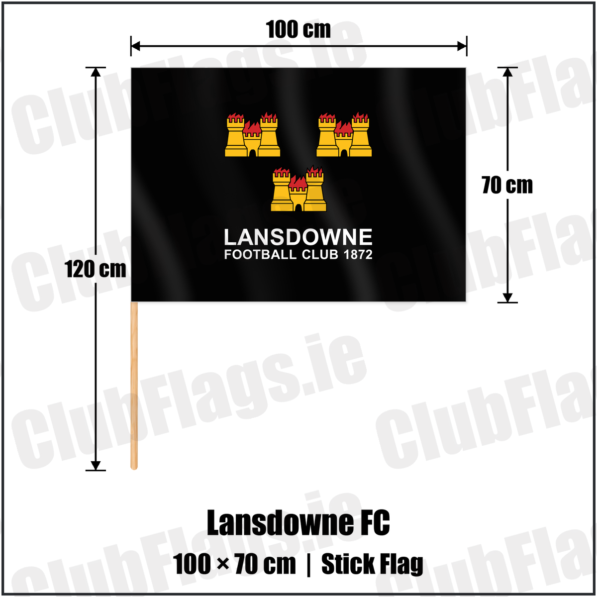 Lansdowne FC 70cm x 100cm Stick Flag with the club crest and colours, Dublin Rugby - ClubFlags.ie