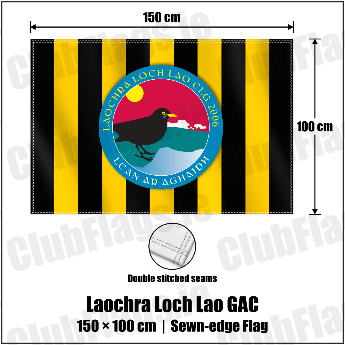 Laochra Loch Lao GAC 100cm x 150cm Flag (sewn on the edges) with the verified club crest and colours, Antrim GAA - ClubFlags.ie