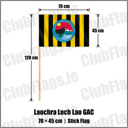 Laochra Loch Lao GAC 45cm x 70cm Stick Flag with the verified club crest and colours, Antrim GAA - ClubFlags.ie