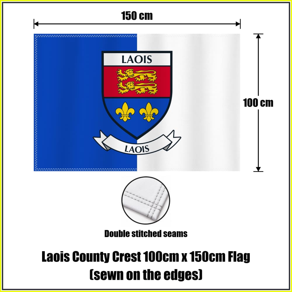 Laois county crest 100 × 150 cm sewn-edge flag in blue and white, with dimension arrows and a double-stitch seam close-up.