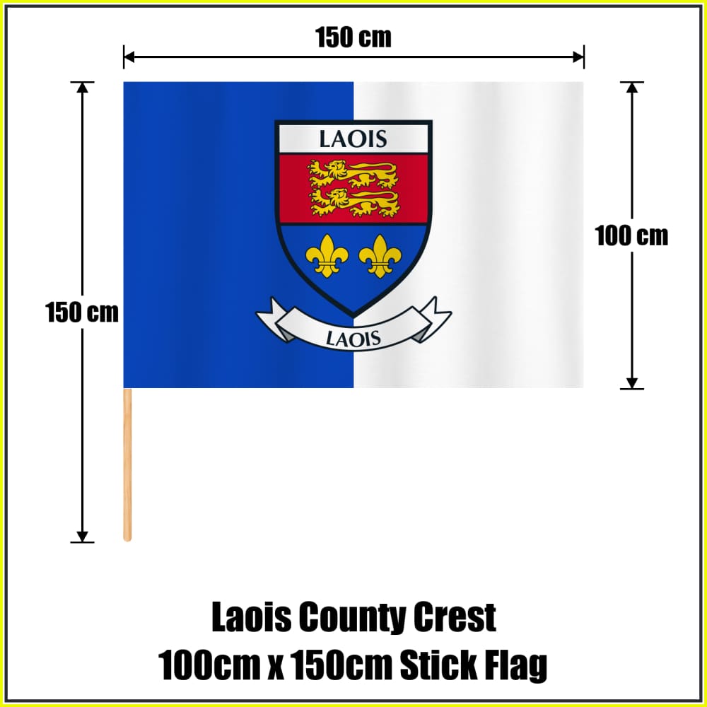 Laois county crest 100 × 150 cm stick flag in blue and white, with a 150 cm wooden stick and dimension arrows.
