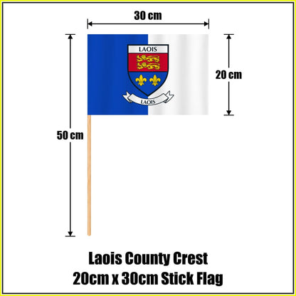Laois county crest 20 × 30 cm stick flag in blue and white, with a 50 cm wooden stick and dimension arrows.