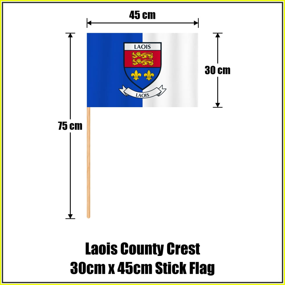 Laois county crest 30 × 45 cm stick flag in blue and white, with a 75 cm wooden stick and dimension arrows.