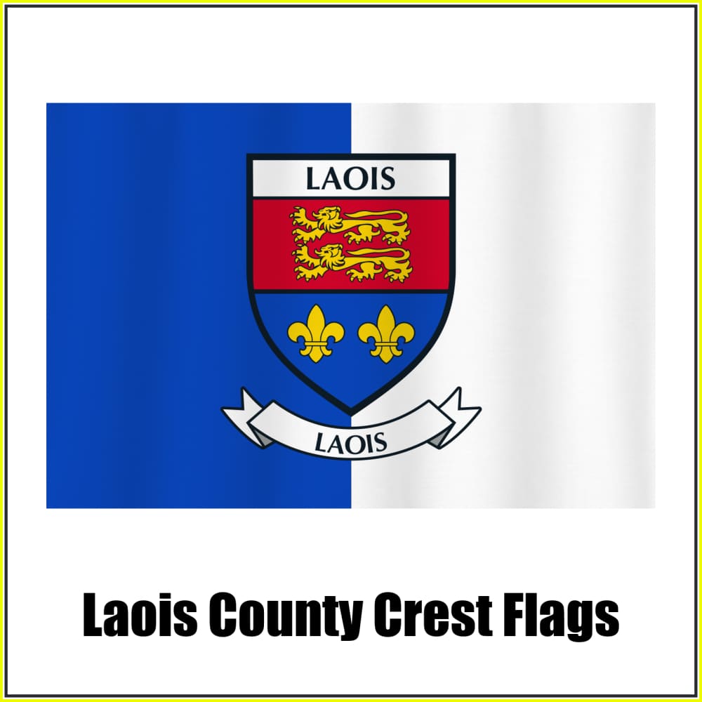 Laois county crest flag in blue and white, with county name and crest.