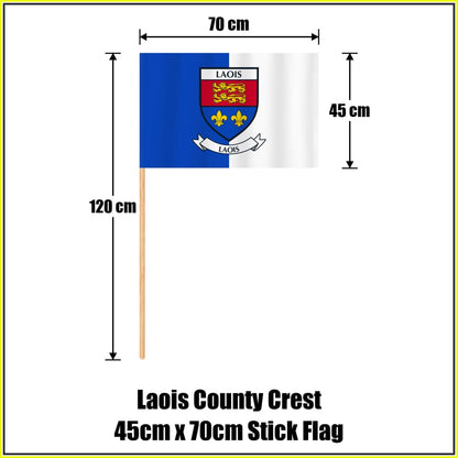 Laois county crest 45 × 70 cm stick flag in blue and white, with a 120 cm wooden stick and dimension arrows.