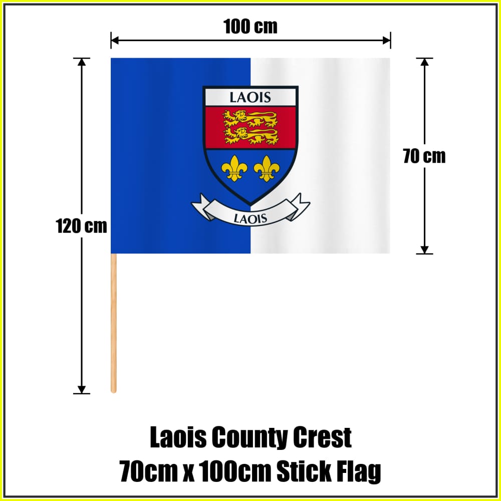 Laois county crest 70 × 100 cm stick flag in blue and white, with a 120 cm wooden stick and dimension arrows.