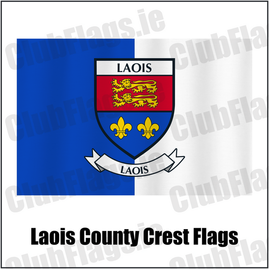 Laois county crest flag in blue and white, with county name and crest.