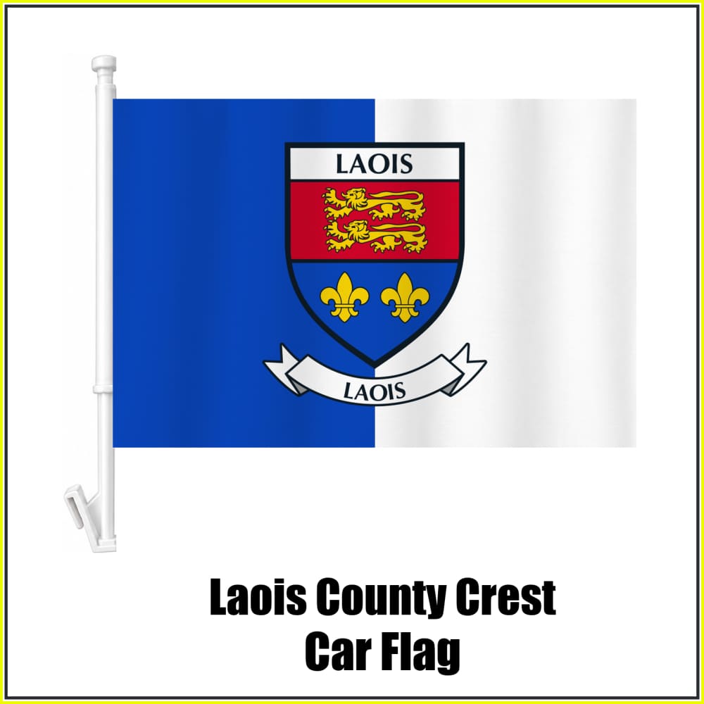 Laois county crest car flag in blue and white, on a white plastic window mount.