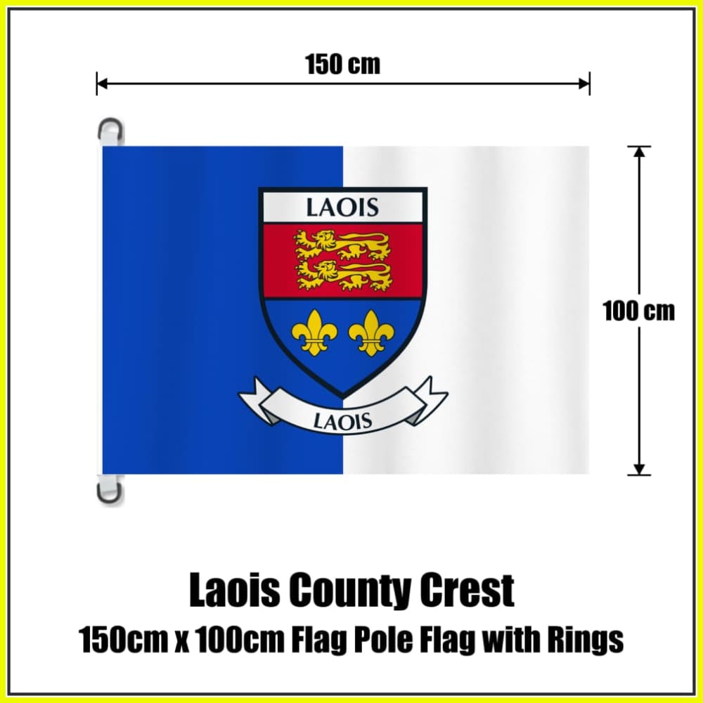 Laois county crest flag, 150 cm wide × 100 cm high, in blue and white, with two dark attachment rings on white tabs and no pole.