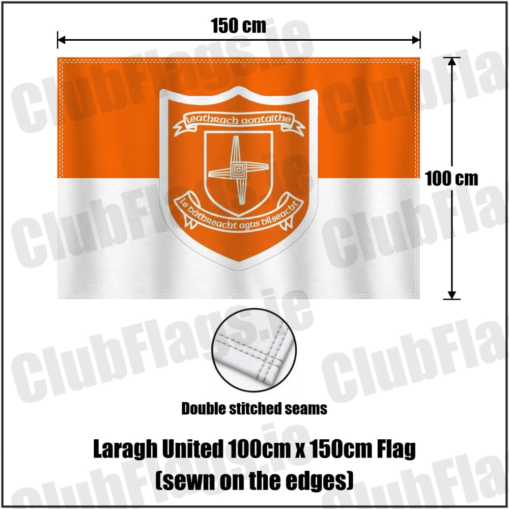 Laragh United 100cm x 150cm Flag (sewn on the edges) in orange and white, featuring the club crest on realistic fabric with gentle vertical folds; County Cavan GAA. ClubFlags.ie.