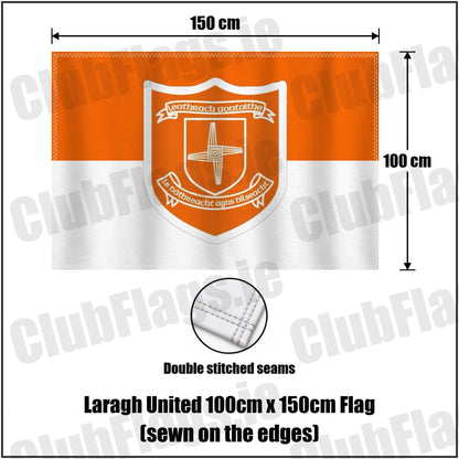 Laragh United 100cm x 150cm Flag (sewn on the edges) in orange and white, featuring the club crest on realistic fabric with gentle vertical folds; County Cavan GAA. ClubFlags.ie.