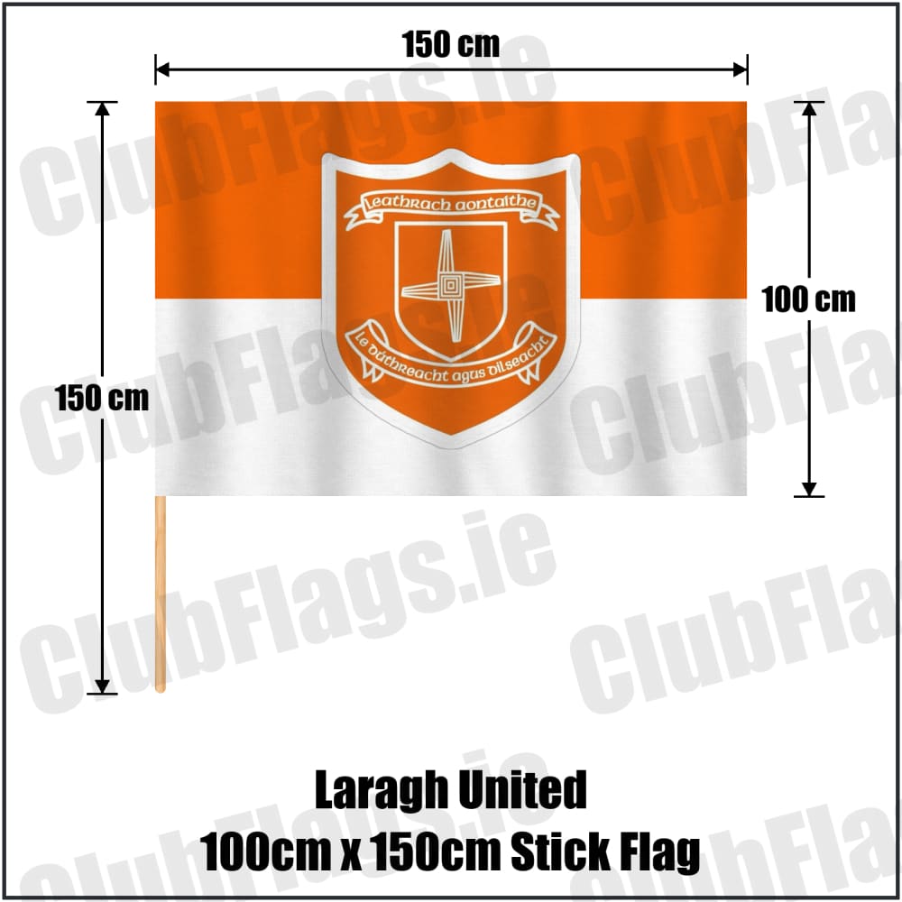 Laragh United 100cm x 150cm Stick Flag in orange and white, featuring the club crest on realistic fabric with gentle vertical folds; County Cavan GAA. ClubFlags.ie.