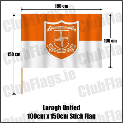Laragh United 100cm x 150cm Stick Flag in orange and white, featuring the club crest on realistic fabric with gentle vertical folds; County Cavan GAA. ClubFlags.ie.