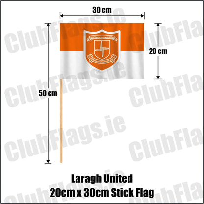 Laragh United 20cm x 30cm Stick Flag in orange and white, featuring the club crest on realistic fabric with gentle vertical folds; County Cavan GAA. ClubFlags.ie.