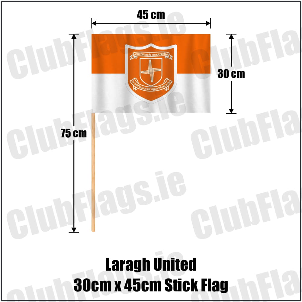 Laragh United 30cm x 45cm Stick Flag in orange and white, featuring the club crest on realistic fabric with gentle vertical folds; County Cavan GAA. ClubFlags.ie.