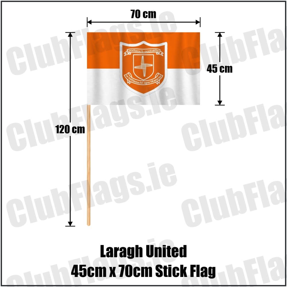 Laragh United 45cm x 70cm Stick Flag in orange and white, featuring the club crest on realistic fabric with gentle vertical folds; County Cavan GAA. ClubFlags.ie.