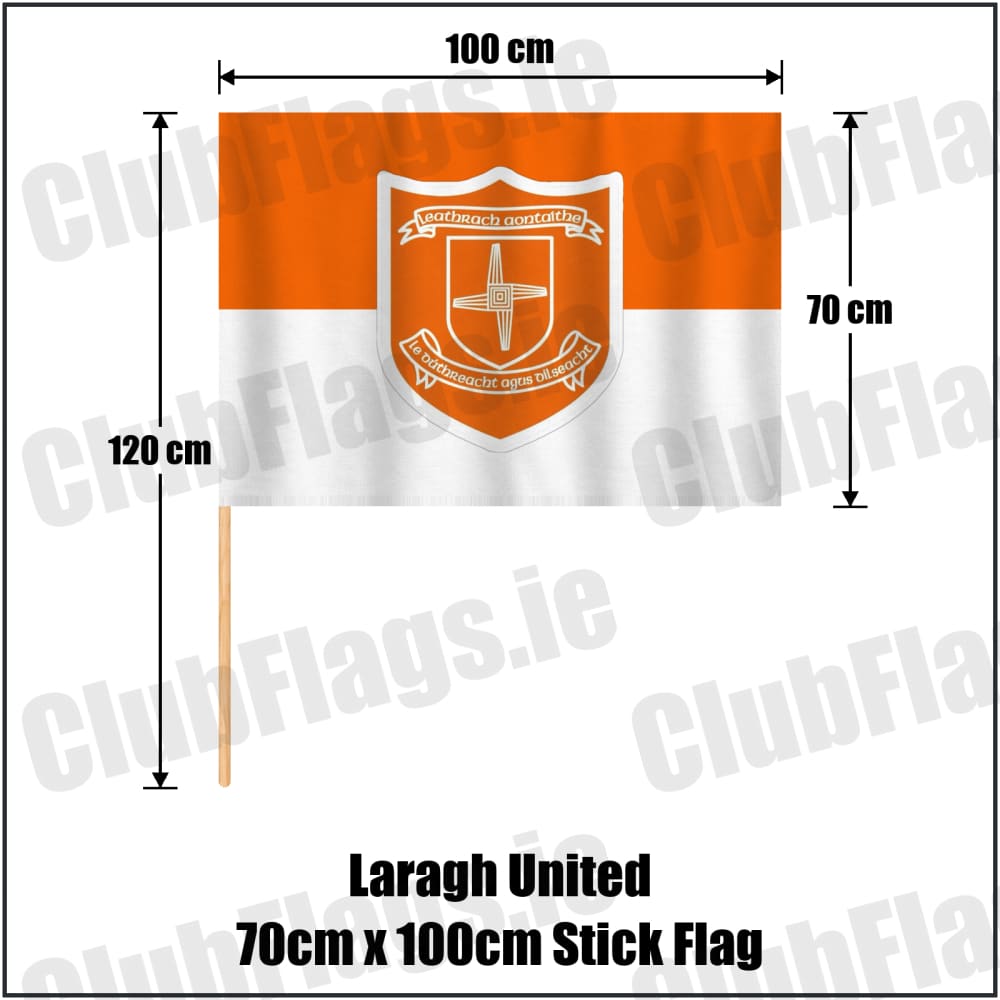 Laragh United 70cm x 100cm Stick Flag in orange and white, featuring the club crest on realistic fabric with gentle vertical folds; County Cavan GAA. ClubFlags.ie.