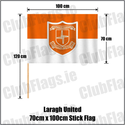 Laragh United 70cm x 100cm Stick Flag in orange and white, featuring the club crest on realistic fabric with gentle vertical folds; County Cavan GAA. ClubFlags.ie.