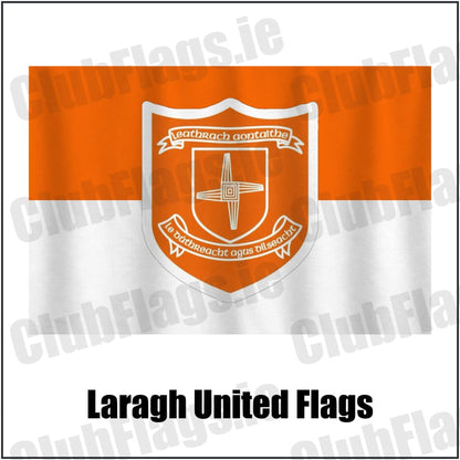Laragh United Flags in orange and white, featuring the club crest on realistic fabric with gentle vertical folds; County Cavan GAA. ClubFlags.ie.