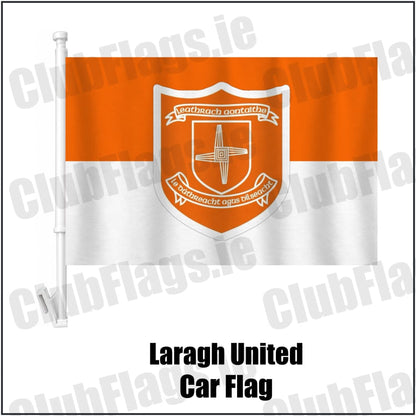 Laragh United Car Flag in orange and white, featuring the club crest on realistic fabric with gentle vertical folds; County Cavan GAA. ClubFlags.ie.