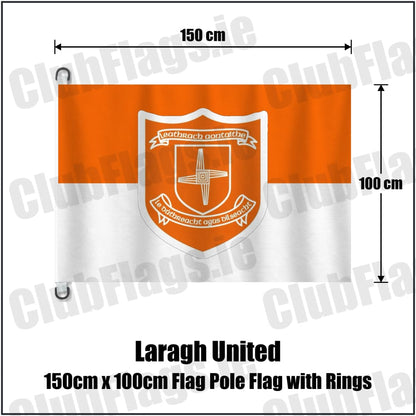 Laragh United 150cm x 100cm Flag Pole Flag with Rings in orange and white, featuring the club crest on realistic fabric with gentle vertical folds; County Cavan GAA. ClubFlags.ie.
