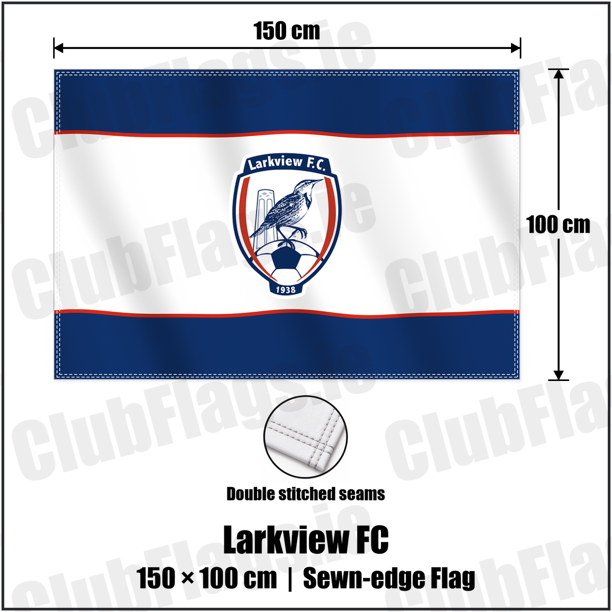 Larkview FC 100cm x 150cm Flag (sewn on the edges) with the club crest and colours, Dublin Football - ClubFlags.ie