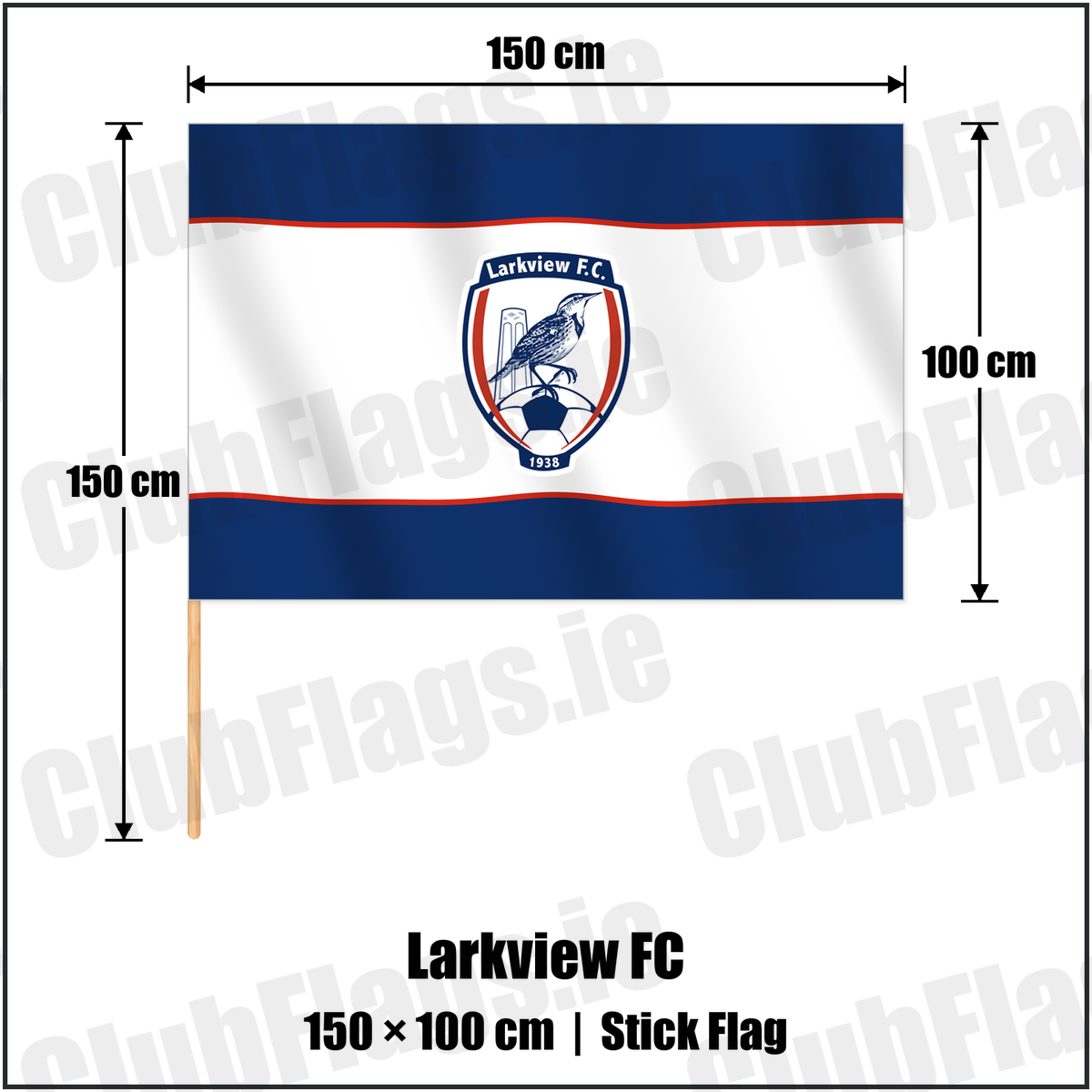 Larkview FC 100cm x 150cm Stick Flag with the club crest and colours, Dublin Football - ClubFlags.ie