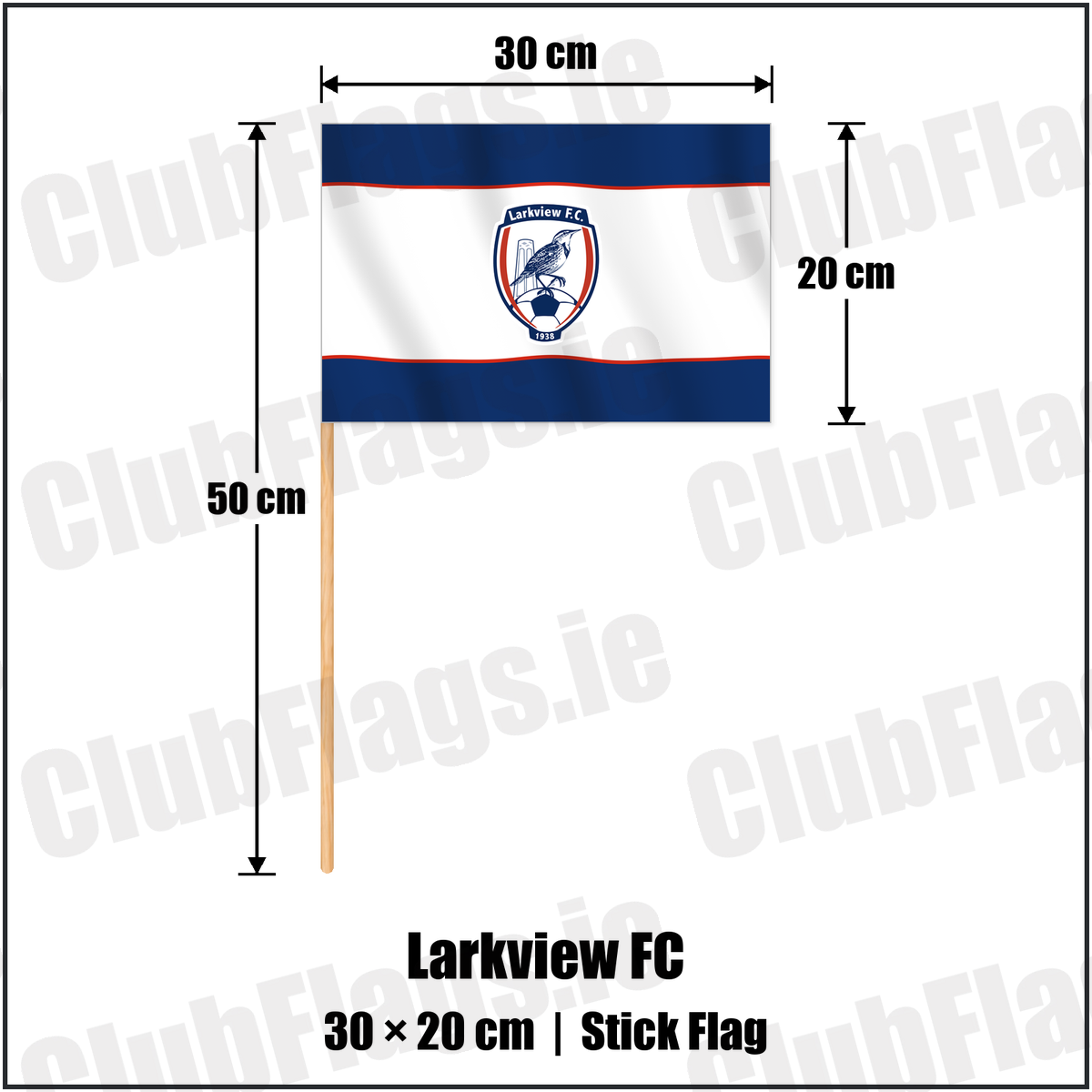 Larkview FC 20cm x 30cm Stick Flag with the club crest and colours, Dublin Football - ClubFlags.ie