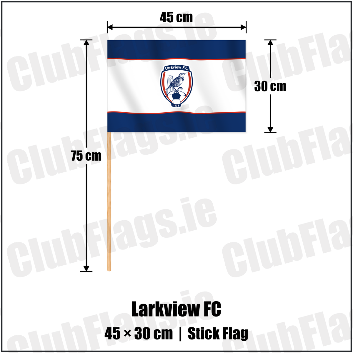 Larkview FC 30cm x 45cm Stick Flag with the club crest and colours, Dublin Football - ClubFlags.ie