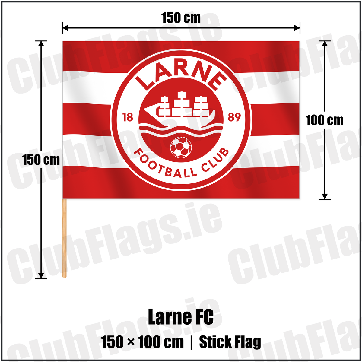 Larne FC 100cm x 150cm Stick Flag with the club crest and colours, Antrim Football - ClubFlags.ie