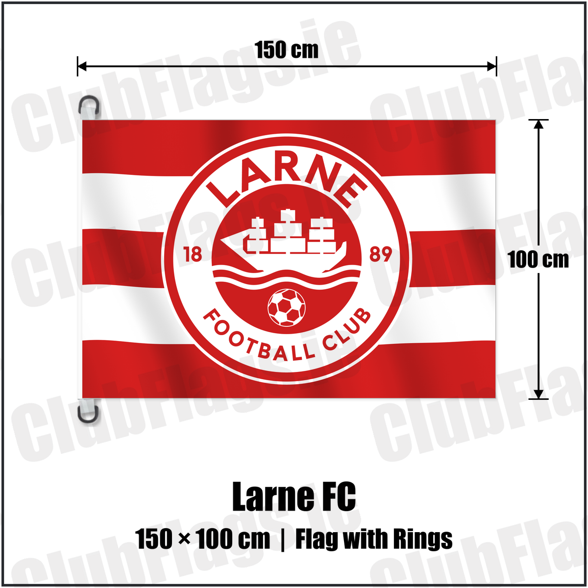 Larne FC 150cm x 100cm Flag Pole Flag with Rings with the club crest and colours, Antrim Football - ClubFlags.ie