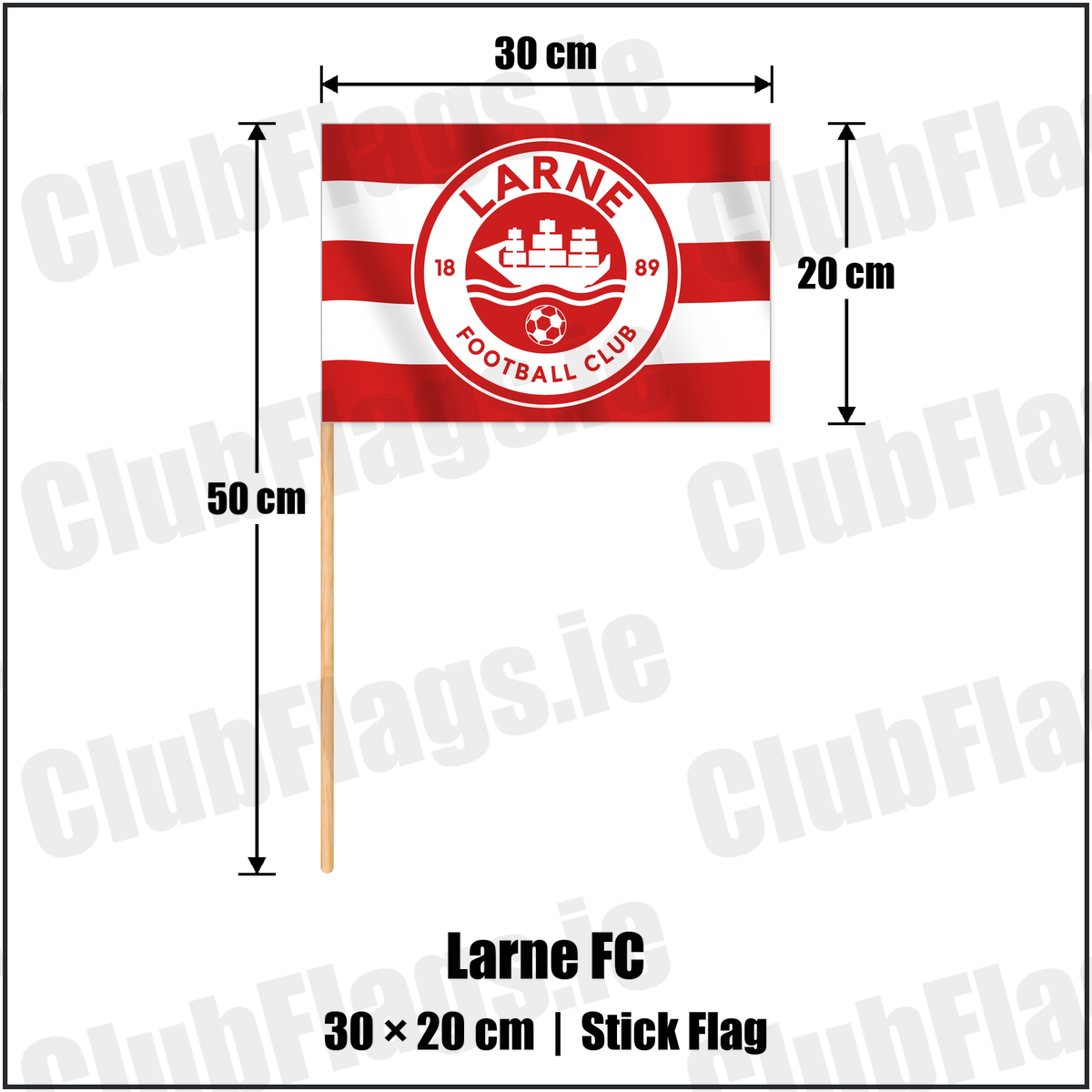 Larne FC 20cm x 30cm Stick Flag with the club crest and colours, Antrim Football - ClubFlags.ie