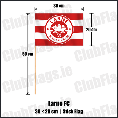 Larne FC 20cm x 30cm Stick Flag with the club crest and colours, Antrim Football - ClubFlags.ie