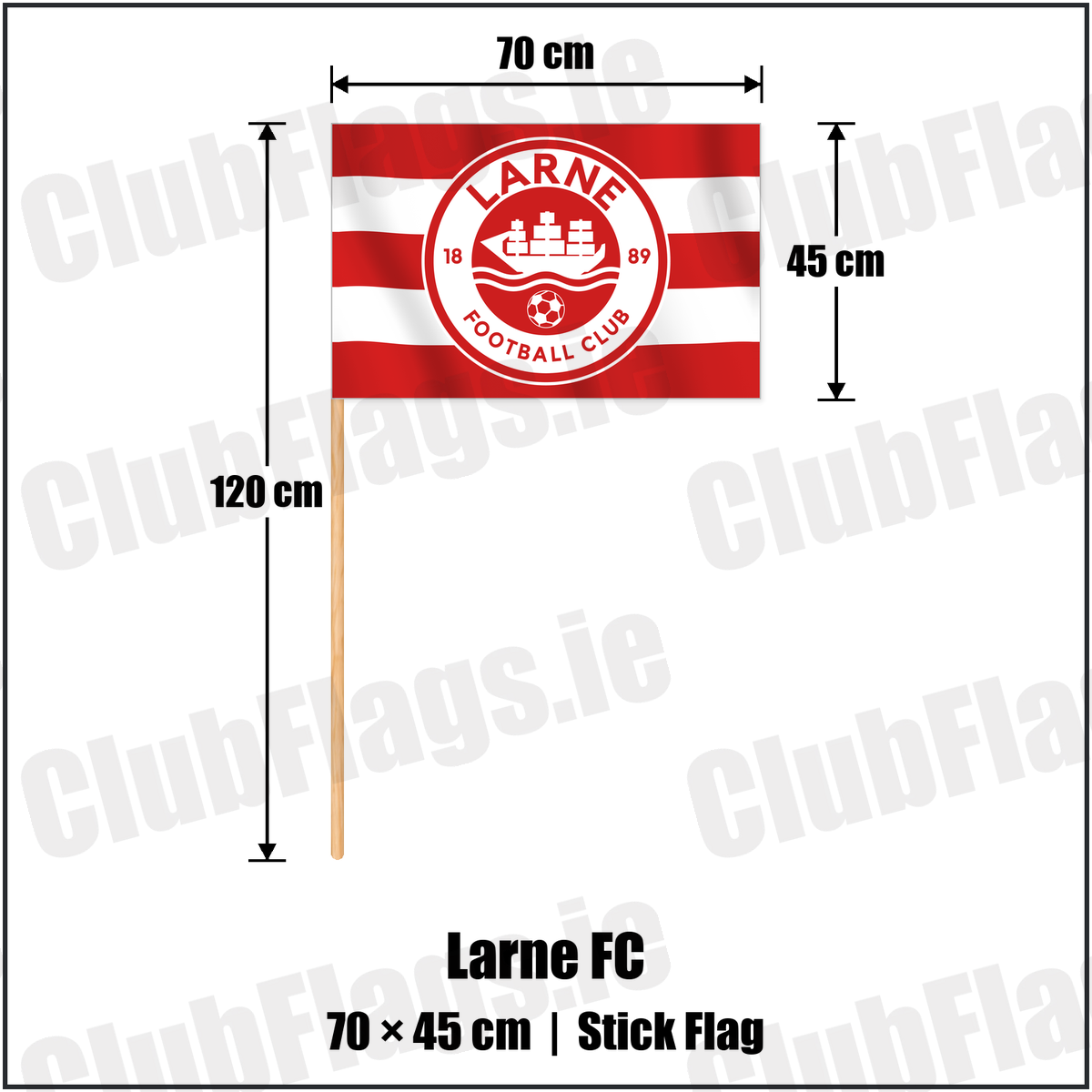 Larne FC 45cm x 70cm Stick Flag with the club crest and colours, Antrim Football - ClubFlags.ie