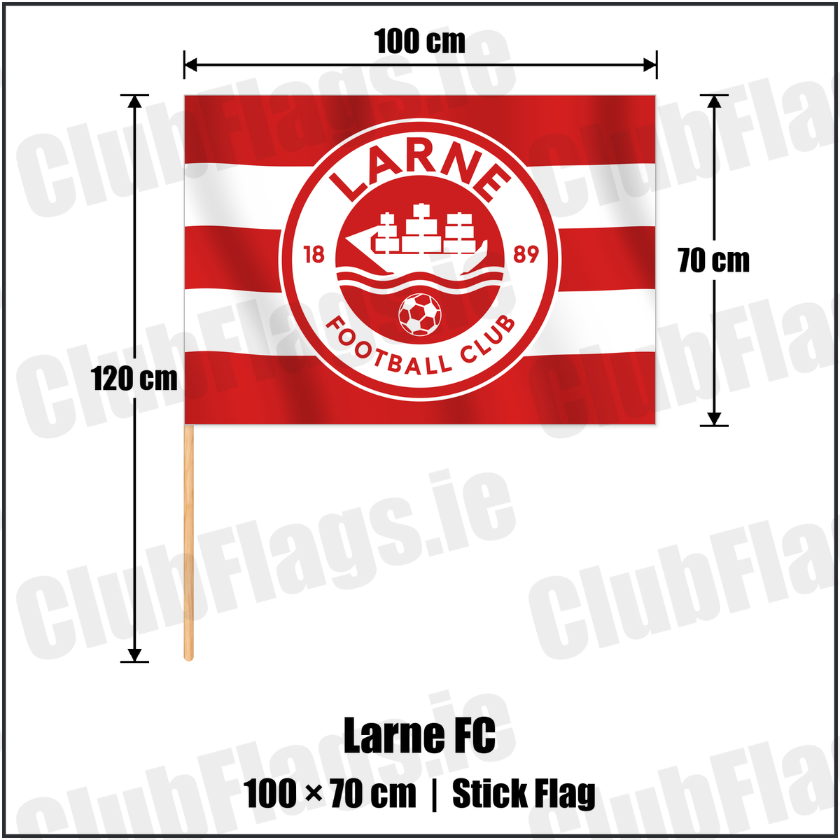 Larne FC 70cm x 100cm Stick Flag with the club crest and colours, Antrim Football - ClubFlags.ie