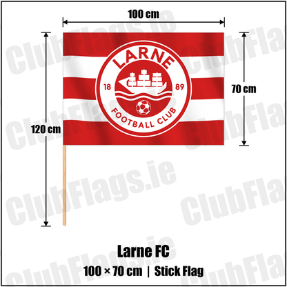 Larne FC 70cm x 100cm Stick Flag with the club crest and colours, Antrim Football - ClubFlags.ie
