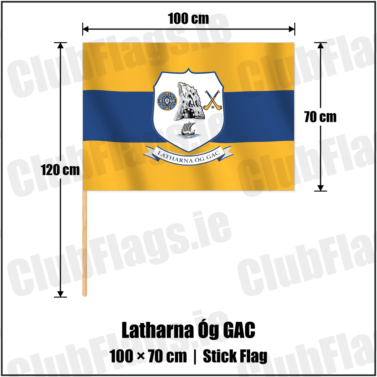 Latharna Óg GAC 70cm x 100cm Stick Flag with the club crest and colours, Antrim GAA - ClubFlags.ie