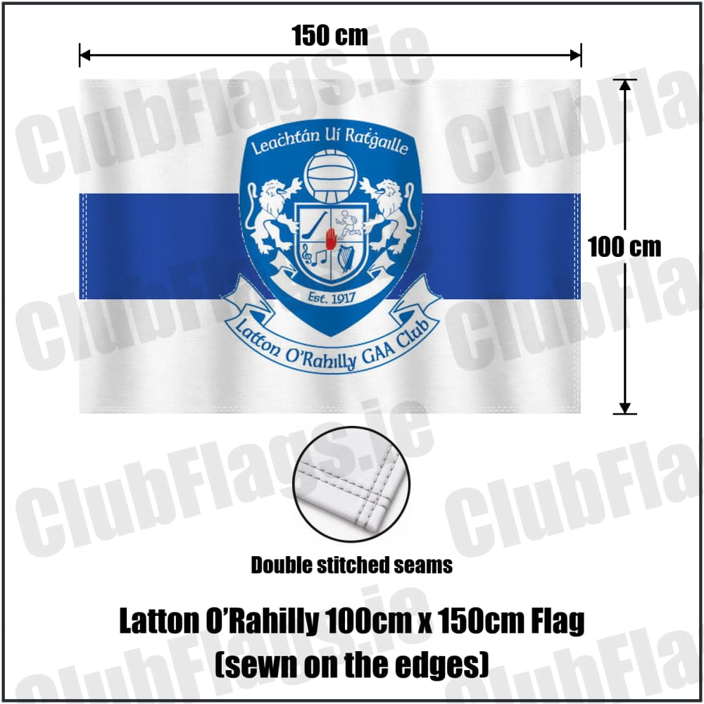 Latton O’Rahilly 100cm x 150cm Flag (sewn on the edges) in white and royal blue, featuring the club crest on realistic fabric with gentle vertical folds; County Monaghan GAA. ClubFlags.ie.