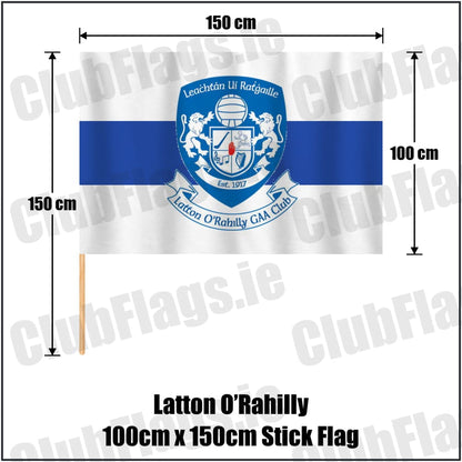 Latton O’Rahilly 100cm x 150cm Stick Flag in white and royal blue, featuring the club crest on realistic fabric with gentle vertical folds; County Monaghan GAA. ClubFlags.ie.