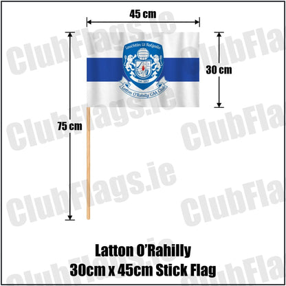 Latton O’Rahilly 30cm x 45cm Stick Flag in white and royal blue, featuring the club crest on realistic fabric with gentle vertical folds; County Monaghan GAA. ClubFlags.ie.