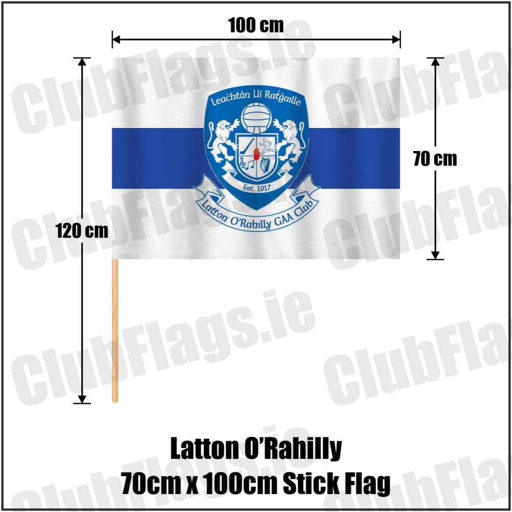 Latton O’Rahilly 70cm x 100cm Stick Flag in white and royal blue, featuring the club crest on realistic fabric with gentle vertical folds; County Monaghan GAA. ClubFlags.ie.