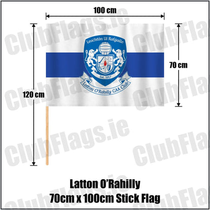 Latton O’Rahilly 70cm x 100cm Stick Flag in white and royal blue, featuring the club crest on realistic fabric with gentle vertical folds; County Monaghan GAA. ClubFlags.ie.