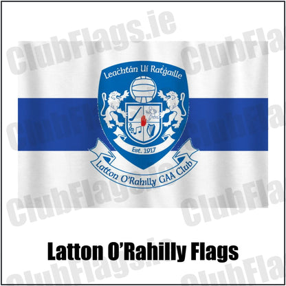 Latton O’Rahilly Flags in white and royal blue, featuring the club crest on realistic fabric with gentle vertical folds; County Monaghan GAA. ClubFlags.ie.