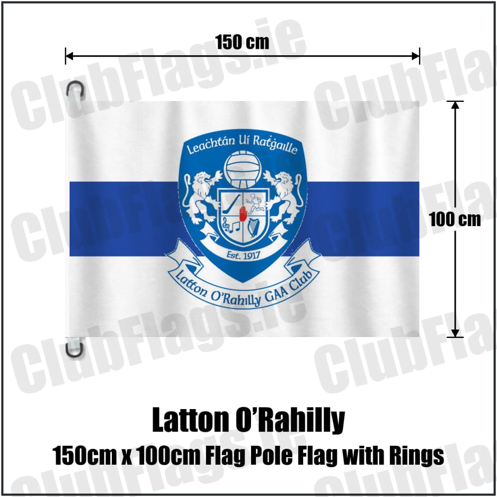 Latton O’Rahilly 150cm x 100cm Flag Pole Flag with Rings in white and royal blue, featuring the club crest on realistic fabric with gentle vertical folds; County Monaghan GAA. ClubFlags.ie.