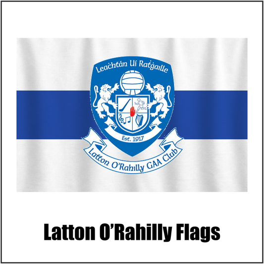 Latton O’Rahilly Flags, featuring the club crest and white and royal blue colours; County Monaghan GAA. ClubFlags.ie.